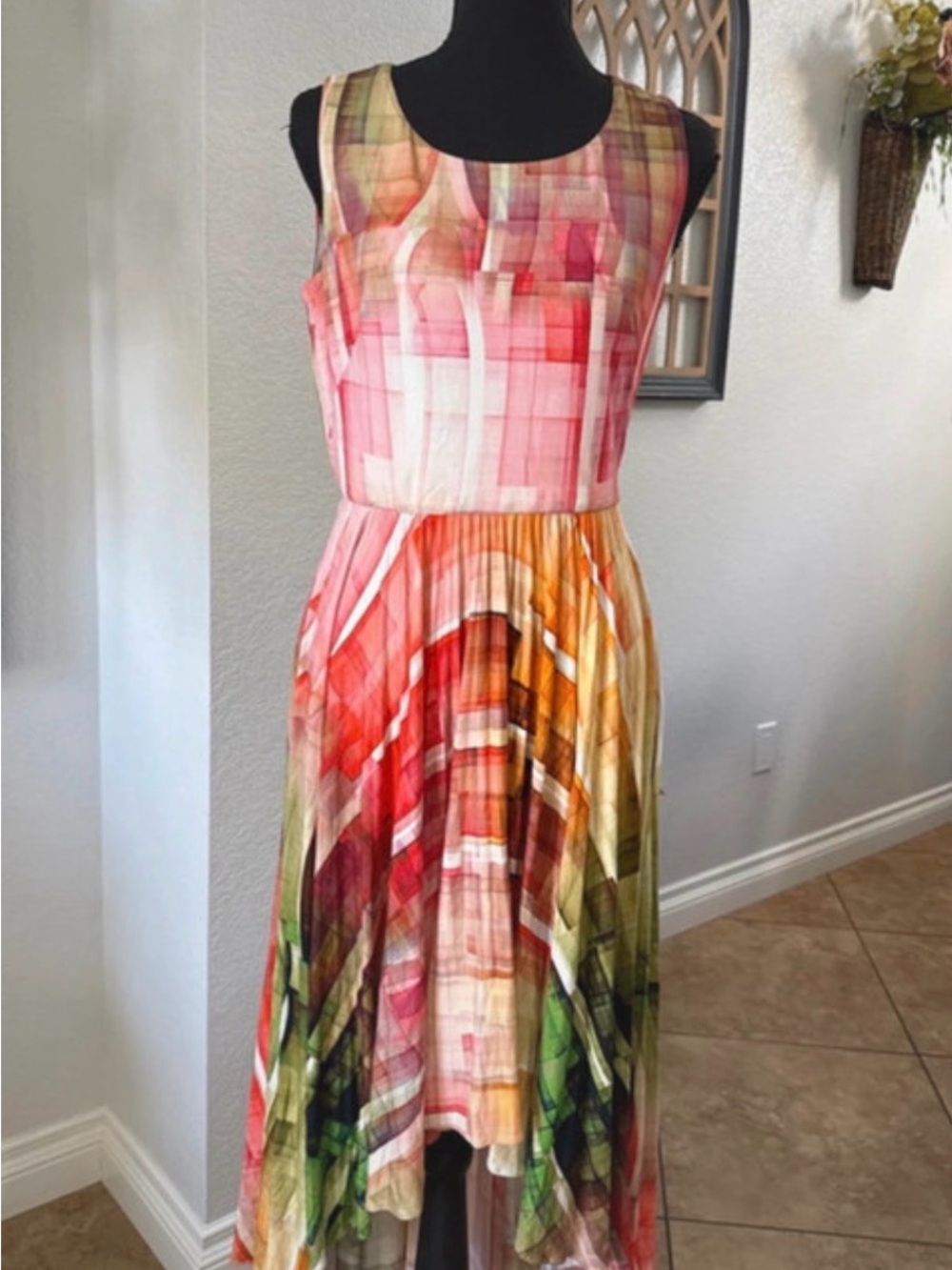 Suzi Chin Sleeveless Abstract Print Dress in Pink, Orange, Green, Cream